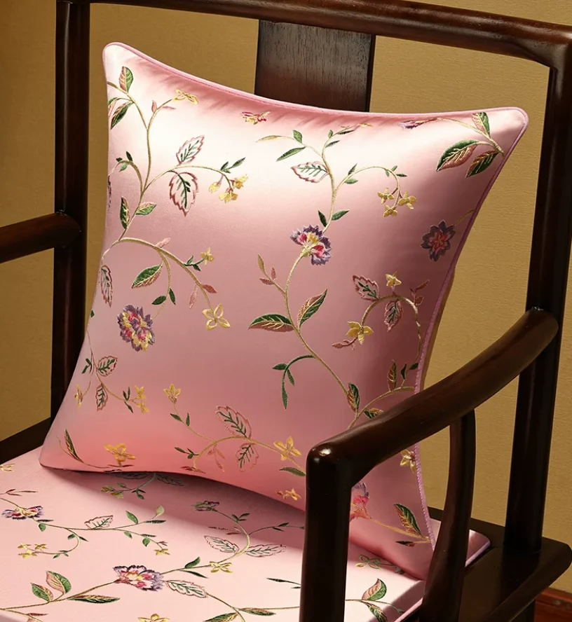 Chinese Style Plum Blossom Embroidery Throw Pillow Cover, Satin Soft Cushion Case for Sofa Chair Bed 18x18 Inch