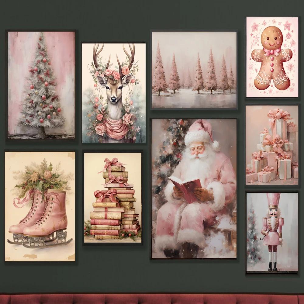 Vintage Pink Christmas Poster Painting Pink Gingerbread House Reindeer Santa Wall Art Canvas Print Living Room Home Decor Gift