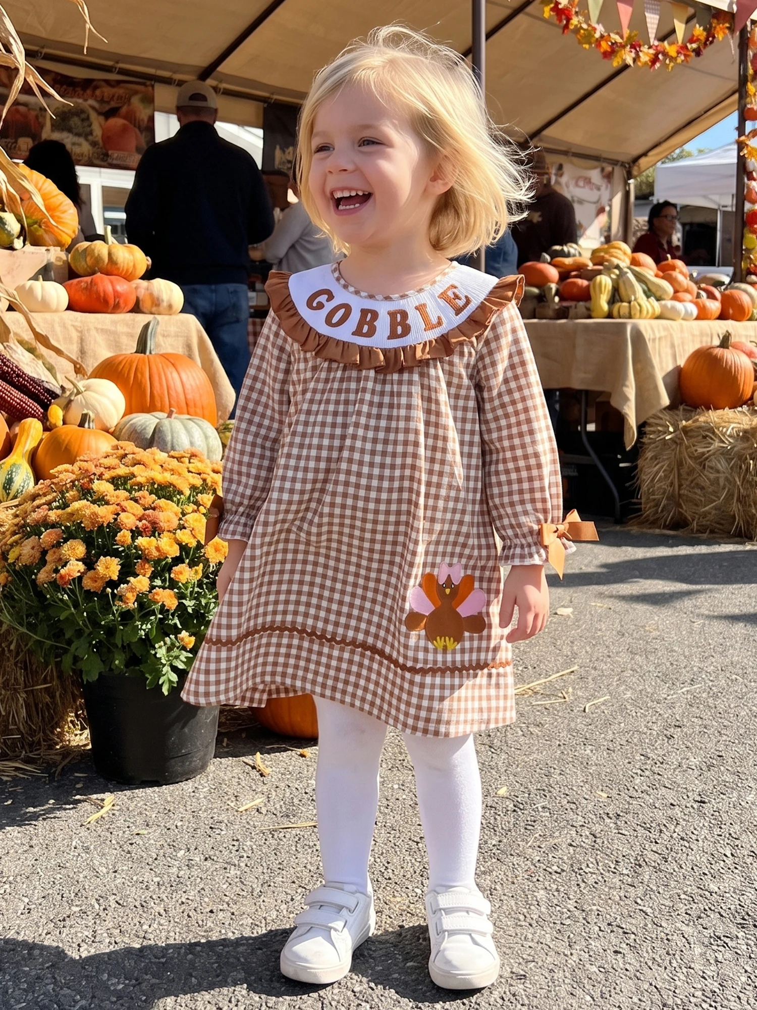 Girl A Line Turkey-Embroidery Turkey Girl Thanksgiving Plaid Line Thanksgiving-Plaid-Dress High Quality