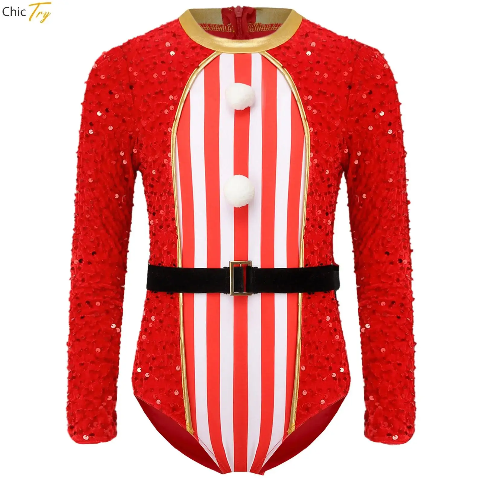 

Girls Sequins Ballet Leotard Christmas Candy Cane Costume for Xmas Dance Show Figure Skating Dress Stripes Long Sleeve Bodysuit