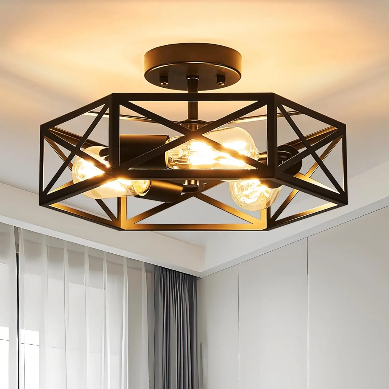 

Modern Farmhouse Semi Flush Mount Ceiling Light, Industrial Black Hexagonal Fixture for Kitchen Hallway Bedroom
