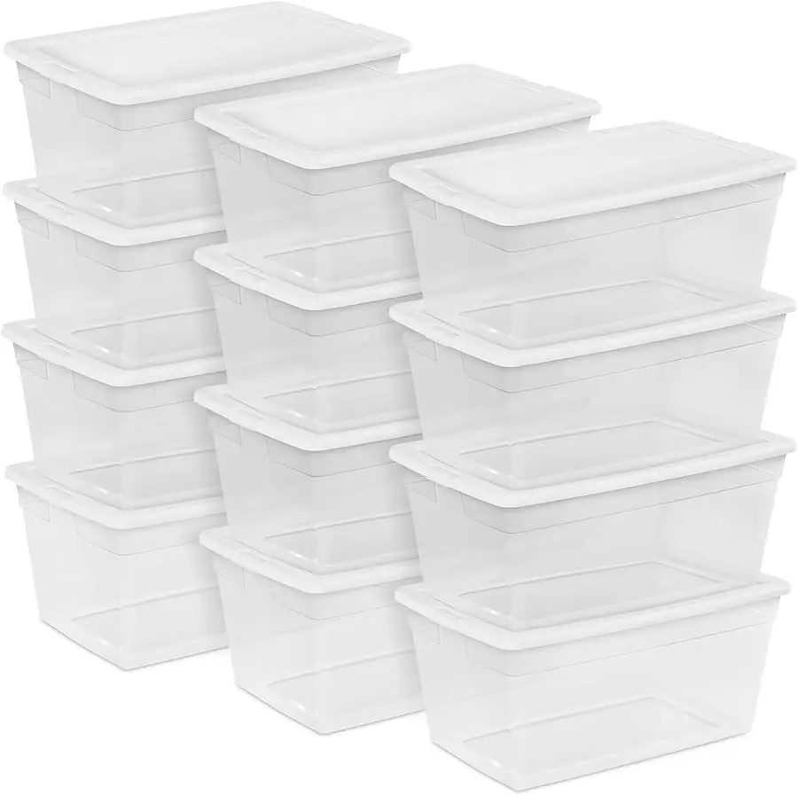 

12-Pack 90 Quart Storage Box, Stackable Clear Plastic Bins with Snap-On Lids - Heavy-Duty Organizing Containers for Closet, Bath