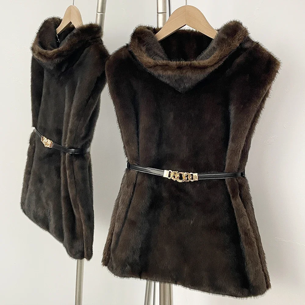 Fake Fur Coat Eco-friendly Women Autumn Faux Fur Jacket Sleeveless Winter Clothes Female Warm Thick Belt Artificial Fur Coat