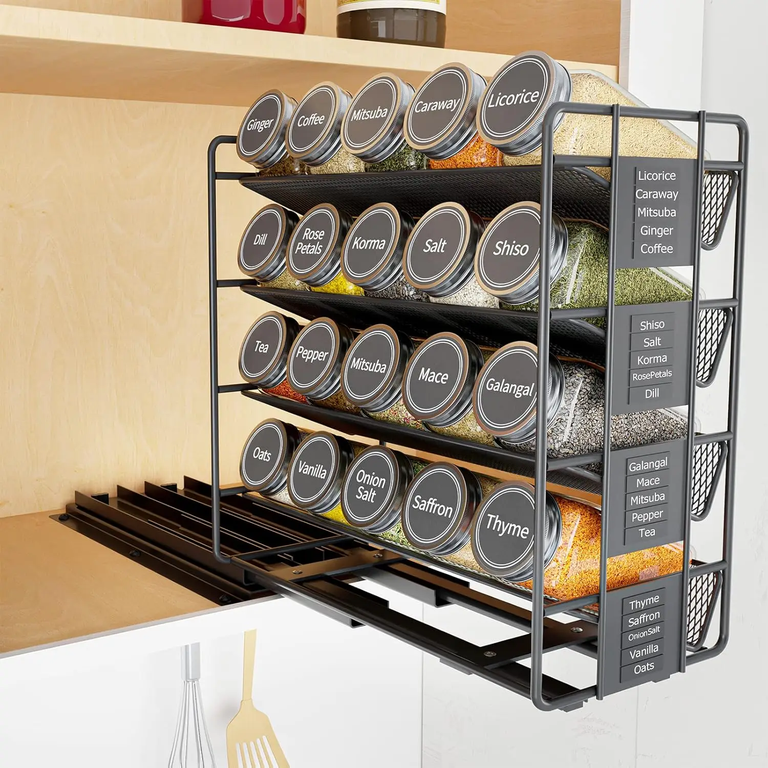 

Pull Out Spice Rack Organizer with 20 Jars, Heavy Duty Slide Out Seasoning Organizer for Kitchen Cabinets, with 801 Labels an