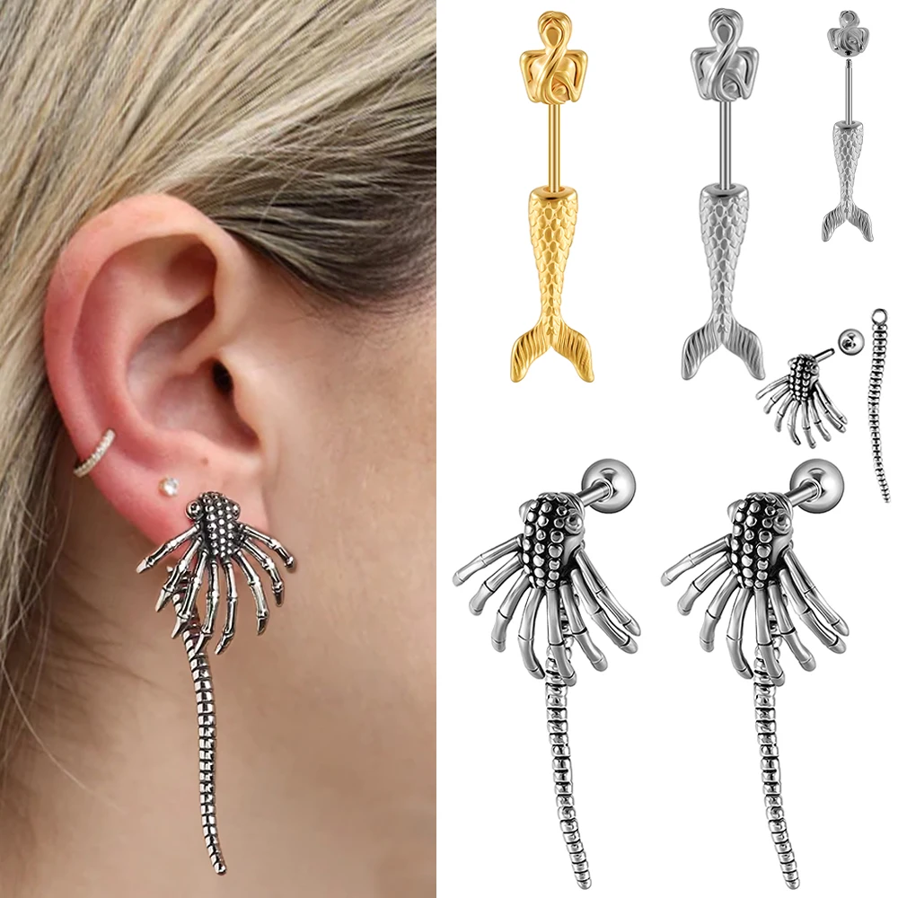 1-2 uds Retro monstruo araña Stud pendiente sirena Labret Stud Punk Rock alta calidad Acero inoxidable Piercing pendiente joyería de oreja