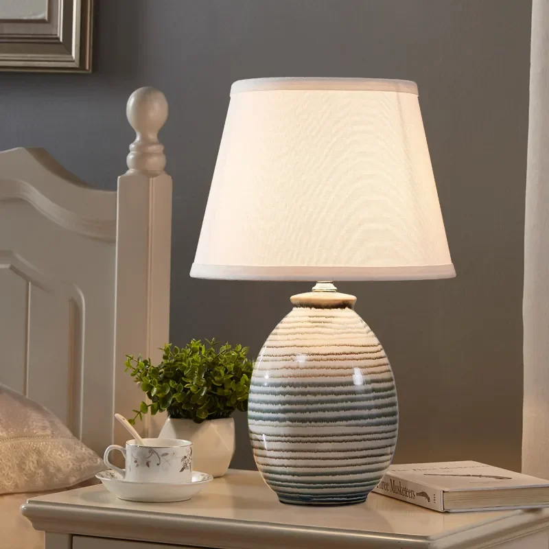 Chinese Simple Striped Ceramic Table Lamp Household Living Room Entrance Dining Table Atmosphere Light Bedroom Children's