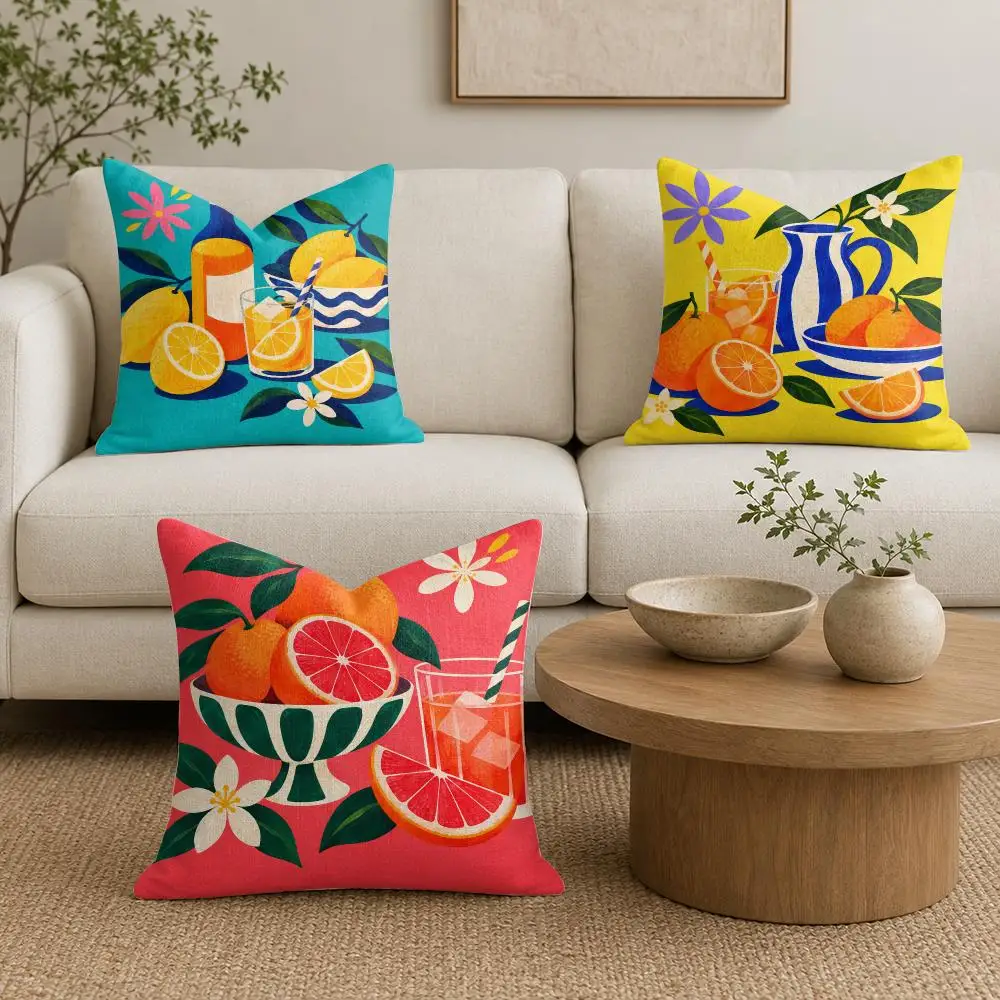Fruit Cocktail Cushion Cover Linen Double-Sided Printed Pillow Case for Sofa Couch Bedroom Living Room