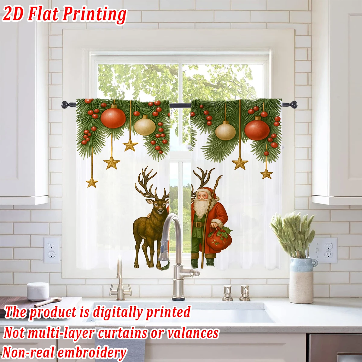 Christmas Flat Printing Kitchen Sheer Curtain with Merry Christmas Ball Santa Claus Reindeer For Christmas Home Decor  Party