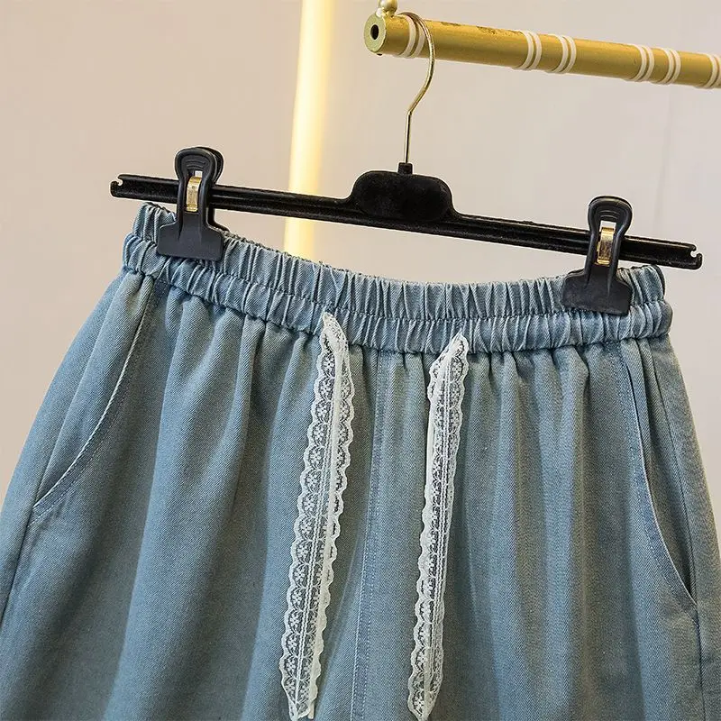 Lace Edging Denim Shorts Loose Wide Leg Women's Summer High Waist Casual Five Points Shorts