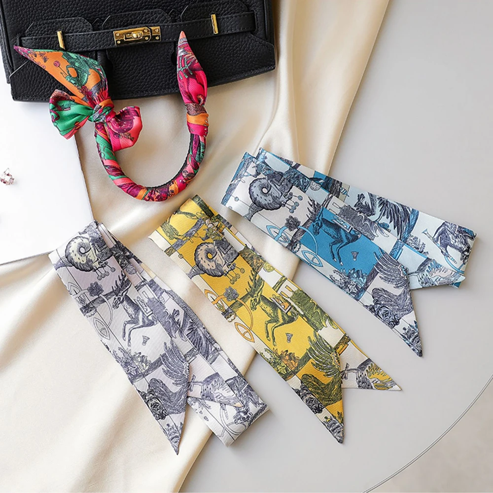 Spring New Versatile Style Knight Horse Lady Twill Decorative Small Silk Scarf Wrapping Bag Handle Ribbon Hair Band Small Scarf