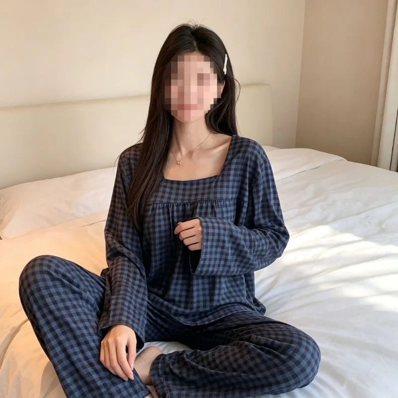 Pajamas Set for Women Vintage Plaid Print Square Neck 2 Piece Set Loungewear Autumn Winter Casual Korean Style Nightwear Loose