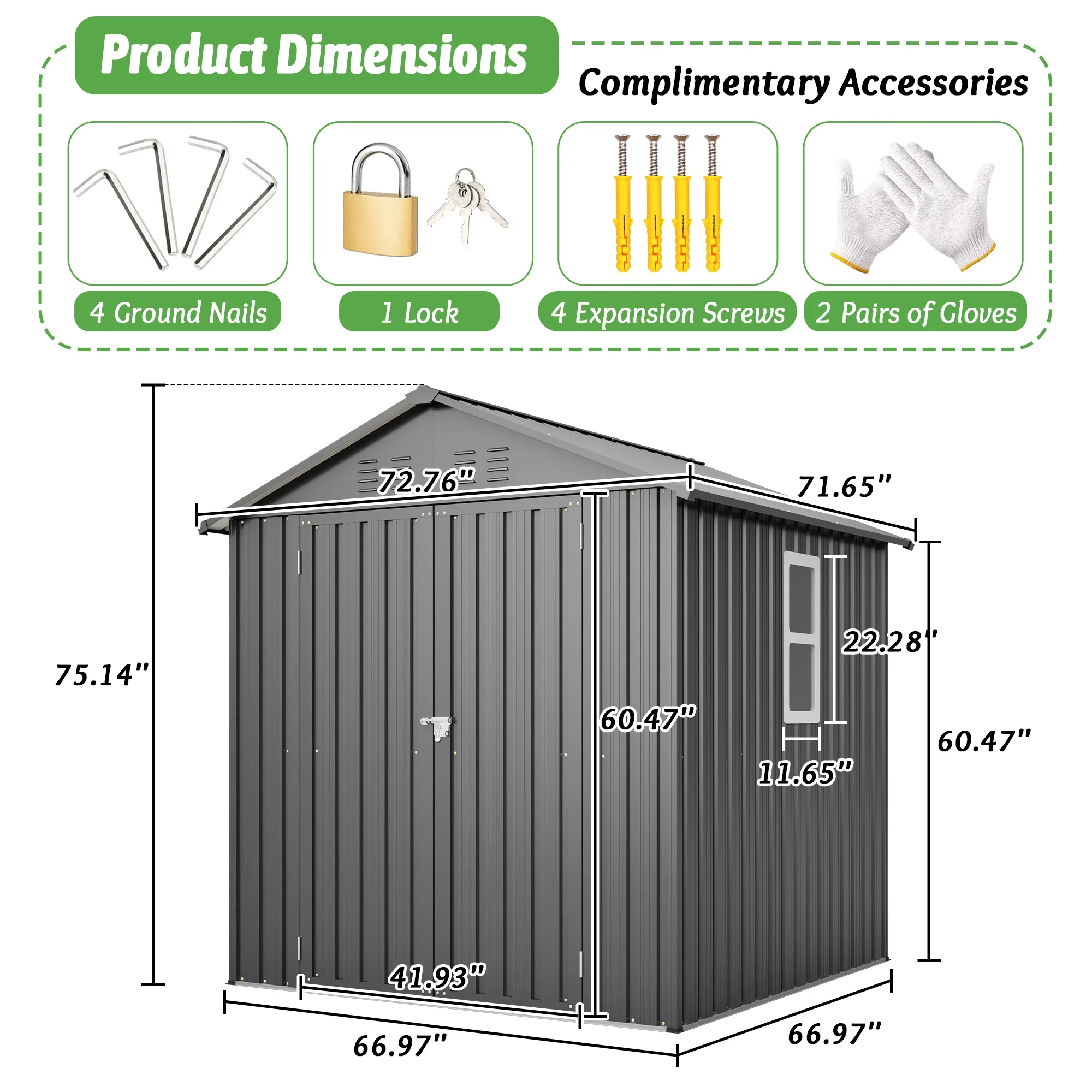 6*6FT Outdoor Metal Storage Shed with Floor Frame, Lockable Double Door, Clear Window & 4 Louver Vents, Sloped Roof Garden Tool House for Backyard