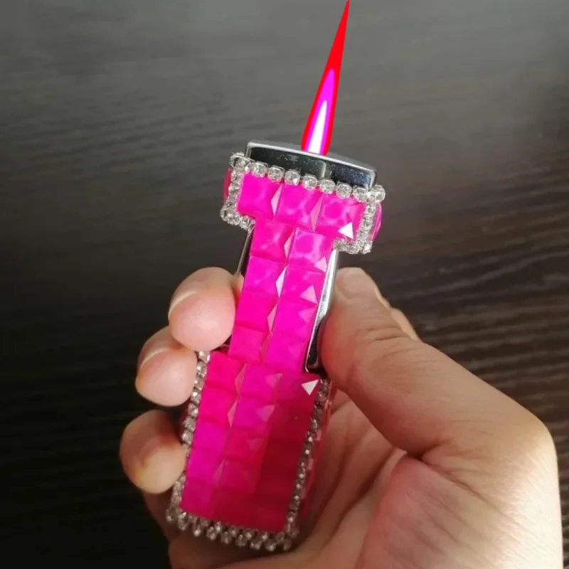 Fine Rhinestone Lighter Pink Jet Flame Butane Torch Lighter Electronic Lighter Windproof Lighters Smoking Ladies Lighter Gift