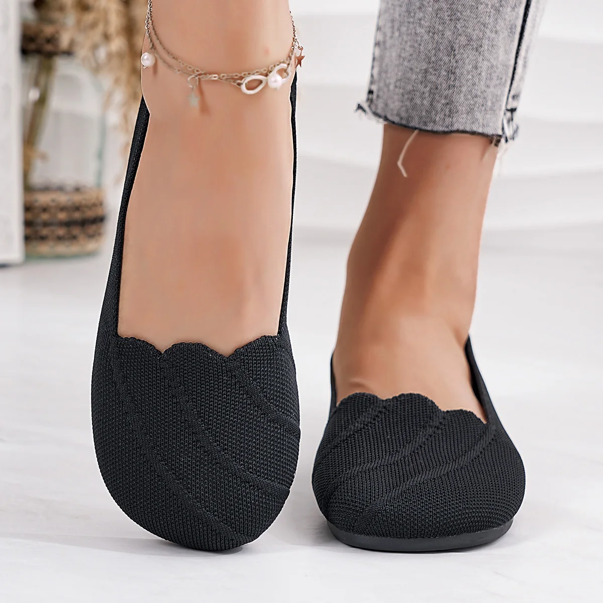 Lässige, flache, gestrickte, ausgehöhlte Arbeitsschuhe für Damen, einfarbig, runde Zehenpartie, atmungsaktive Slip-On-Schuhe, bequeme Sommerschuhe – Detail 10