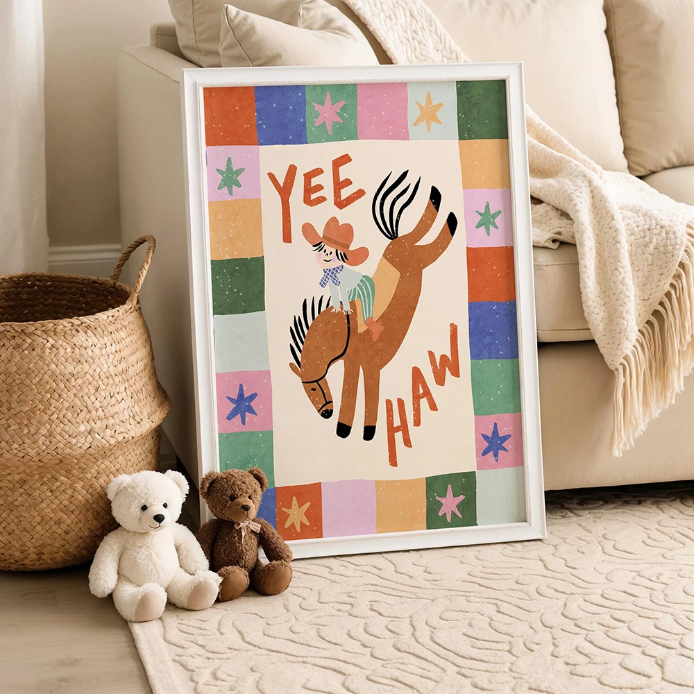 1pc frameless Canvas Painting Cool Kids Read Books Print, Follow Your Heart Bear,Giddy Up Cowgirl,Colorful Animal Playroom Poste