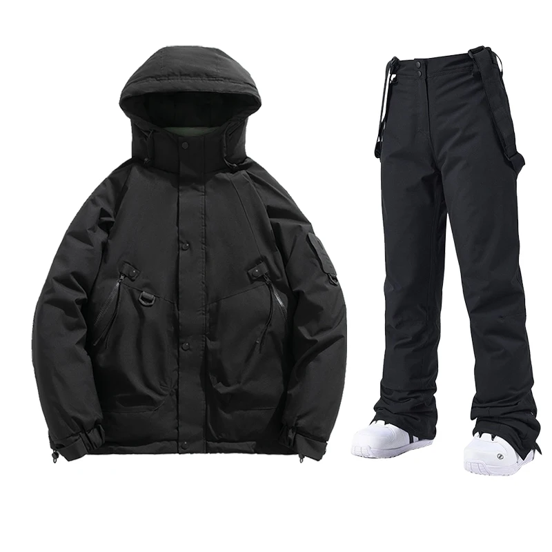 

Ski Suit Men Winter Snowboard Clothes Warm Waterproof Down Cotton Jacket Men Outdoor Snow Jacket +Ski Strap Pants Wear Overalls