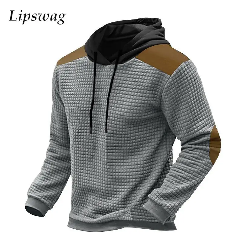 

Casual Men's Hoodie Patchwork Long Sleeve Hooded Sweatshirt New Spring Fashion Waffle Breathable Hoodies Men Sweatshirts Vintage