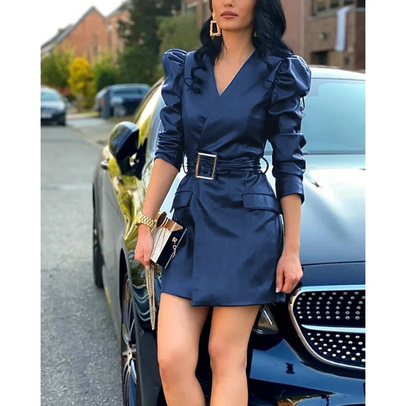 Trend PU Leather Dress Women scollo a v manica lunga a sbuffo abito Slim Fit contenente cintura a vita alta Office Lady Mini PU Dress