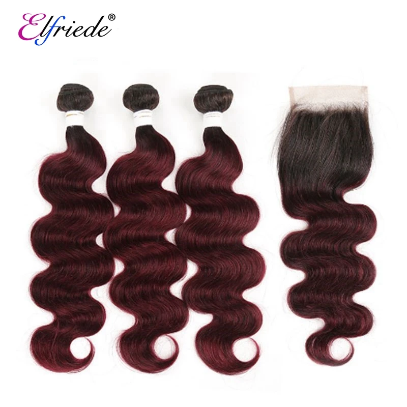 Elfriede T1B/99J Body Wave Ombre Color Hair Bundles with Closure Brazilian Remy Human Hair Weave 3 Bundles with Lace Closure 4x4