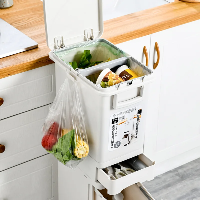 

Kitchen Bin 29/32L Simple Long Tube Rubbish Bin Double Partition Trash Can Mobile Pulley Garbage Basket Dry and Wet Separation