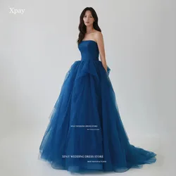 XPAY Strapless Ocean Blue Korea Wedding Party Dresses Photos Shoot Tiered Formal Customised A Line Floor Puffy Bride Garden Gown