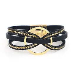 ALLYES Chic Cross Twist Leather Bracelets for Women Men Gold Color Circle Braided Bowknot Wrap Multilayer Bracelet Charm Jewelry