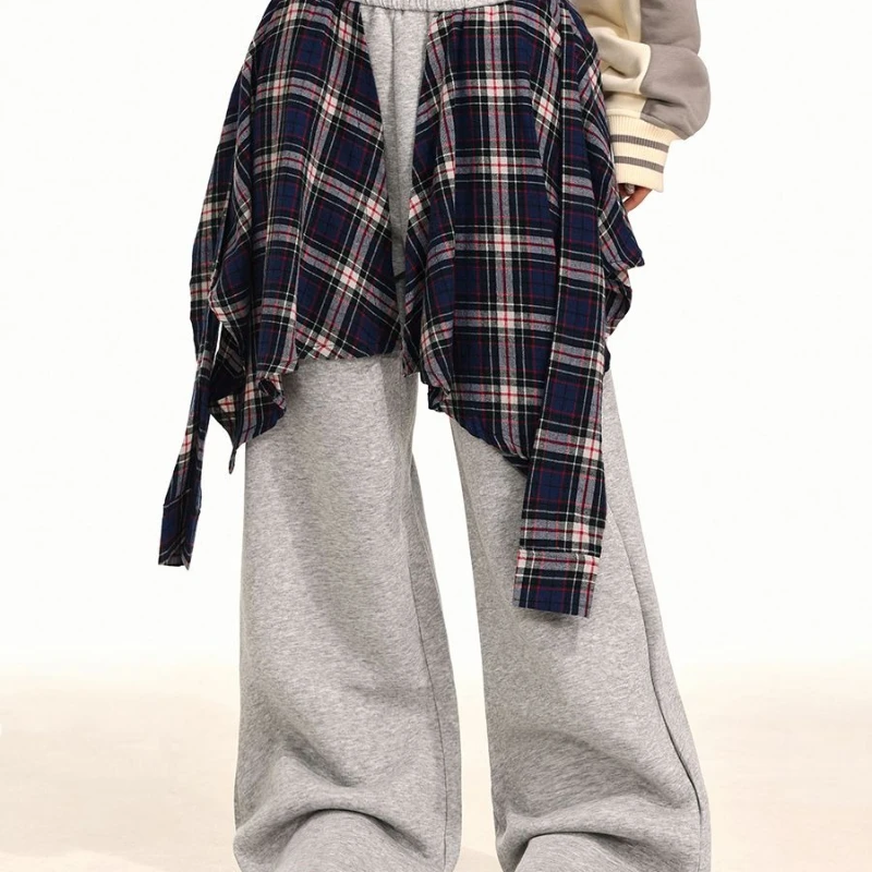 

Splicing Plaid Skirt Sweatpants for Women in Autumn 2024, with A Lazy and Relaxed Style, Loose and Slimming, and Wide Leg Pants