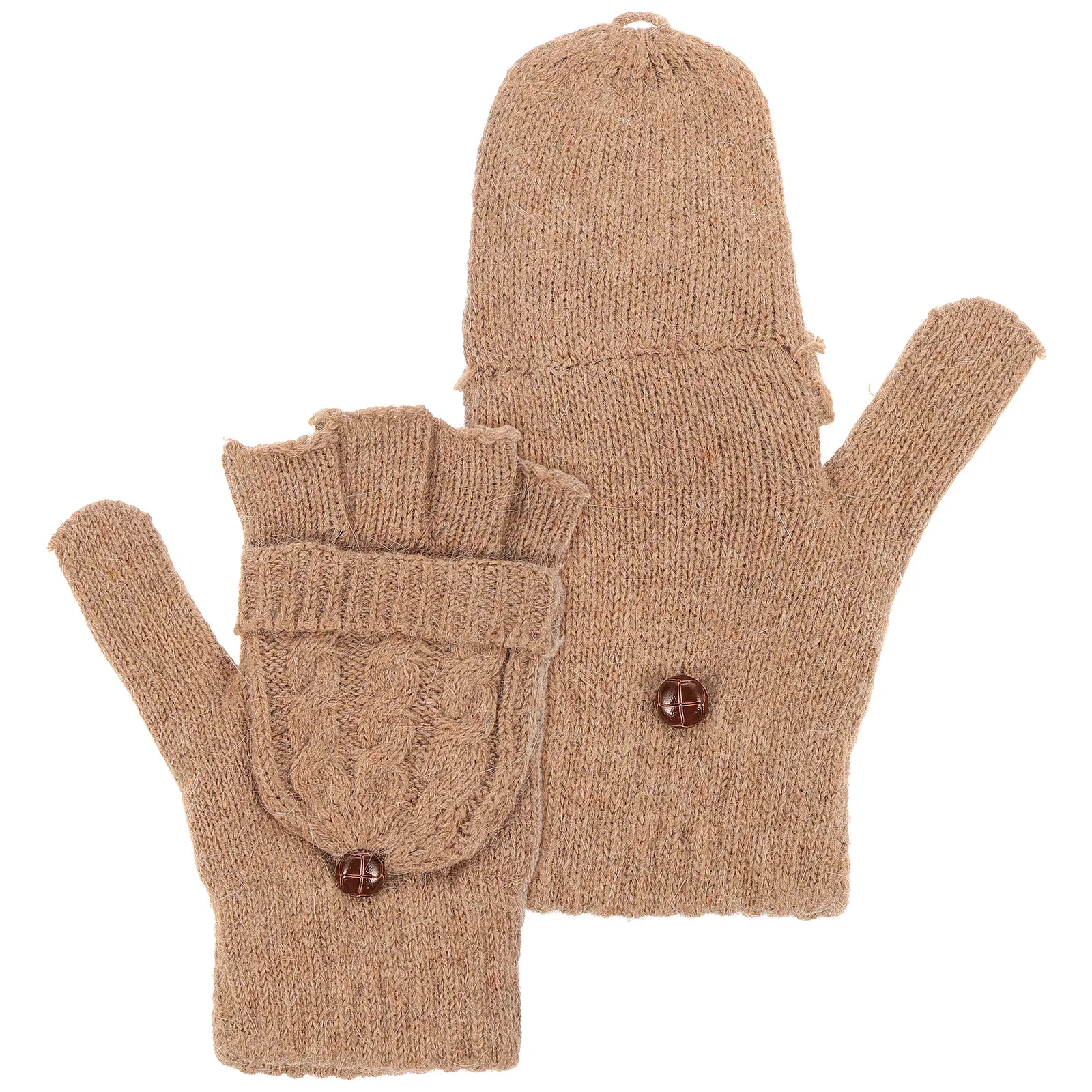 

Beige Convertible Winter Gloves for Women Warm Knitted Semi Finger Design Lightweight Comfortable for Cold Weather