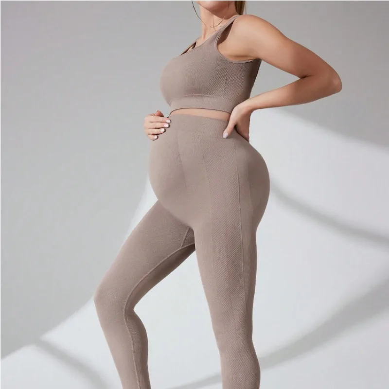 

Pregnant Women Yoga Workout Outfit Maternity Seamless Crop Tank Top + Belly Support Leggings Stretchy Pregnancy Two-piece Set