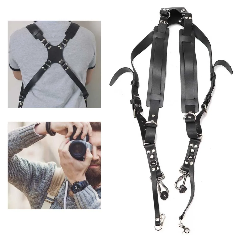 Black Dual Shoulder Camera Strap Leather+Brass Adjustable Size Quick Draw Camera Strap Photography Carry Accessory