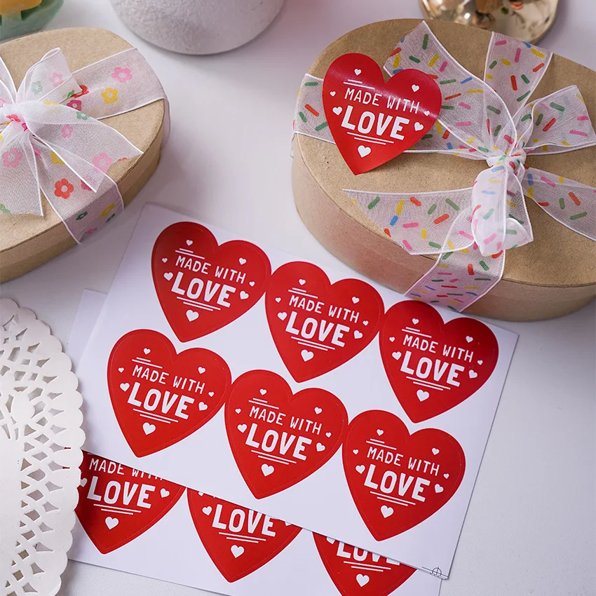 

60pcs/set Red Made With Love Stickers Adhesive Heart Shape Sticker For Baking Store, Wedding, Party And Small Business Present