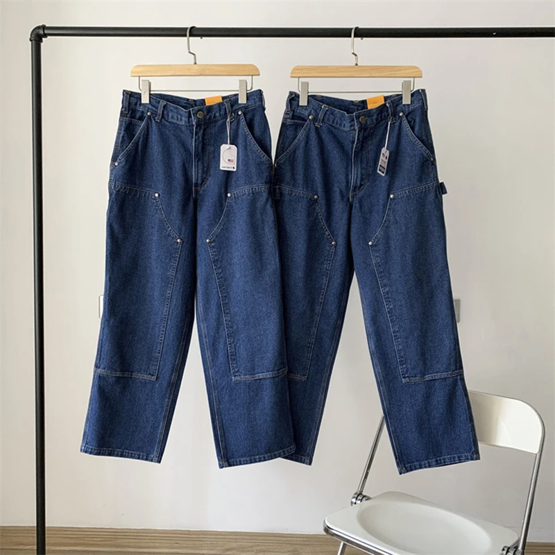 

Firmranch American Fashion Liu Wen B73 Straight Leg Jeans Double Knee Rivets Overalls Denim Pants For Men Women Logging Trousers