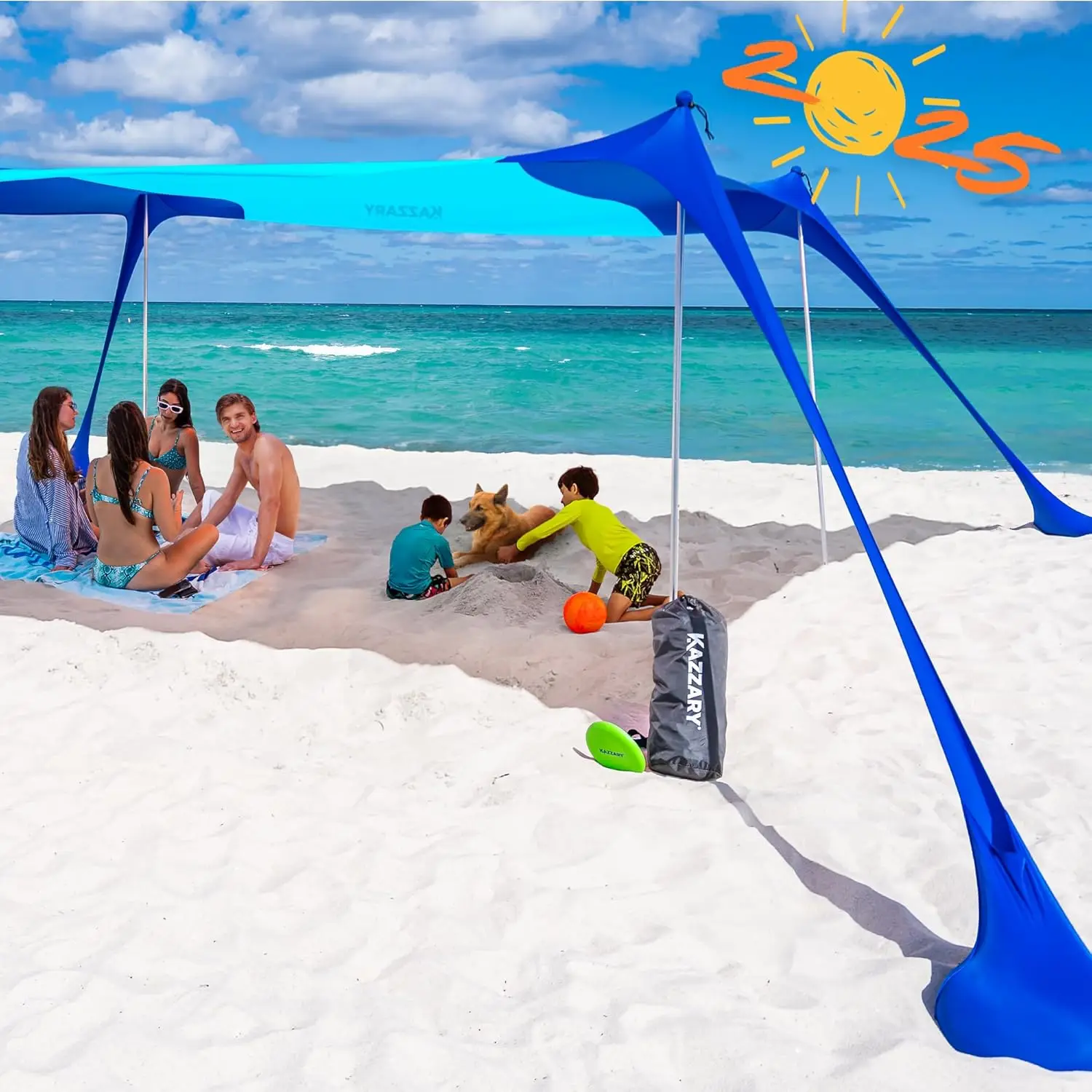 Beach Tent, UPF50+ Sun Shade Canopy with Sandbags, 4 Stability Poles, Ground Pegs, Flying Disc Sand Shovel. Lightweight Sunshade