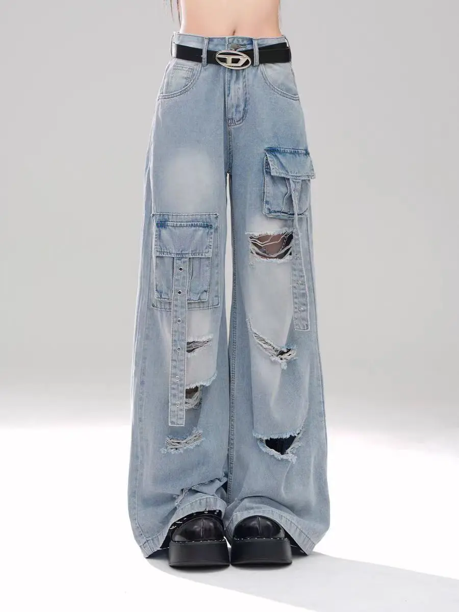 

Vintage High Street Ripped Blue Y2k Cargo Jeans Women Hip Hop Harajuku Baggy Denim Trousers 90s Cargo Pants 2000s Style Clothes