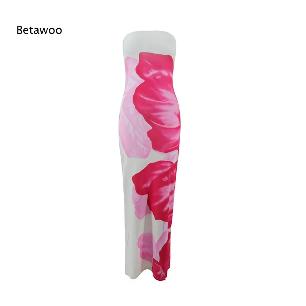 Light Blue Red Floral Strapless Tube Dress Sleeveless High Split Slim Fit Stretchy Bodycon Maxi Party Dress