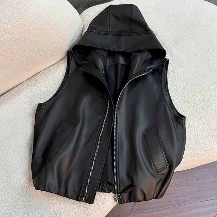 

European Sleeve PU Leather Hooded Vest Women's Early Autumn Plus Size Loose Slimming Oulder Pad Small Size Trendy Vest