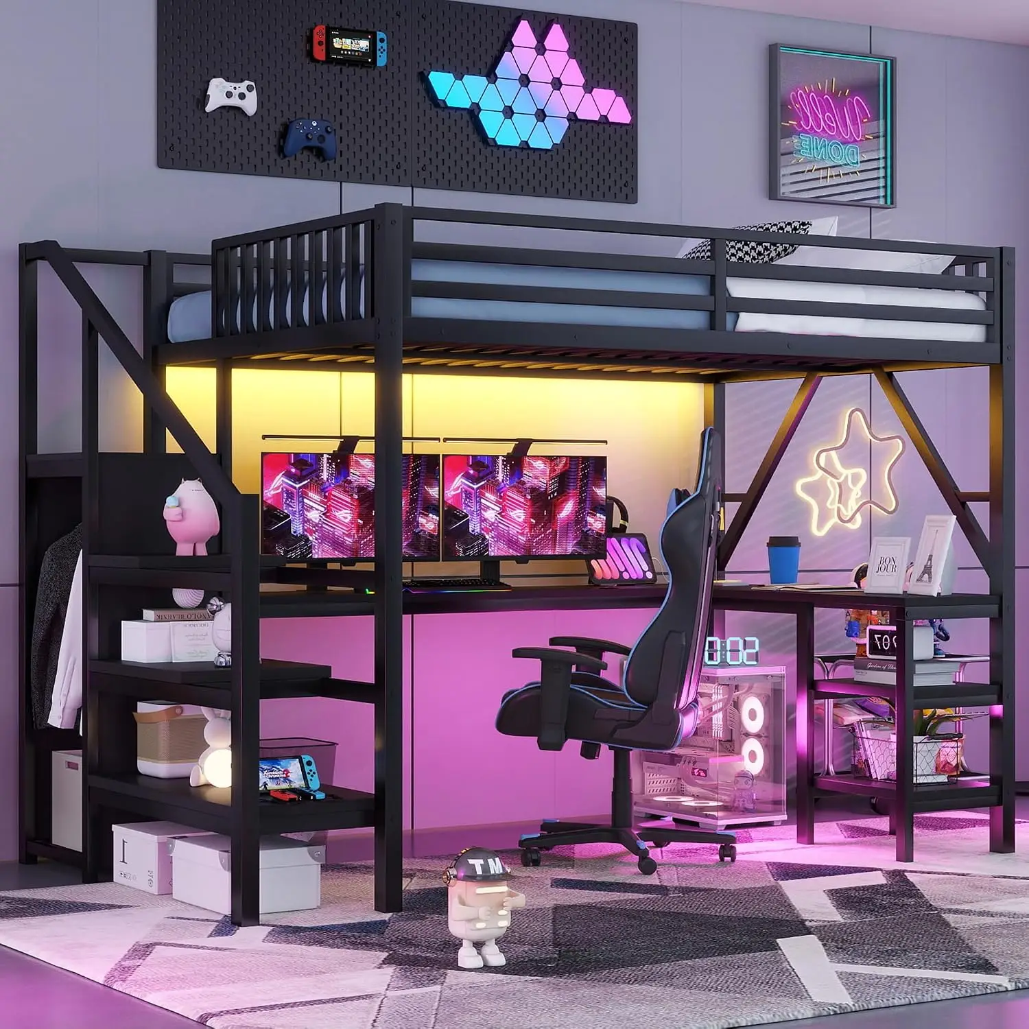 Twin Loft Bed With Desk Stairs Storage Shelves Charging Station LED Light Wardrobe Metal Frame For Kids Teens Adults, Customized