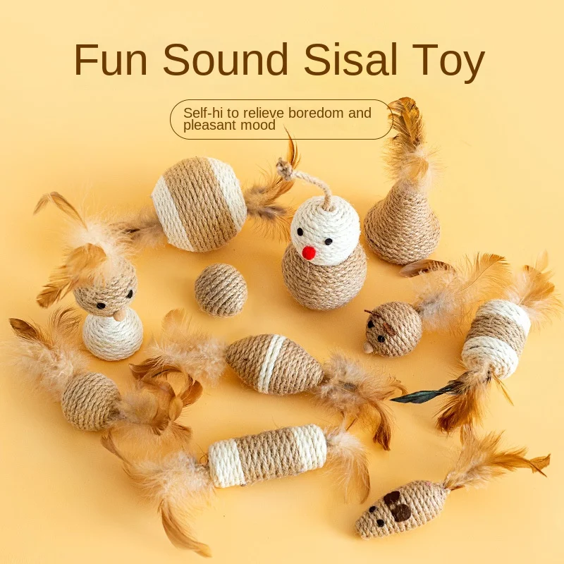 Bola de sisal para gatos, juguete para mascotas, resistente a la dentición, mordedura, rascador, campana audible, ratón