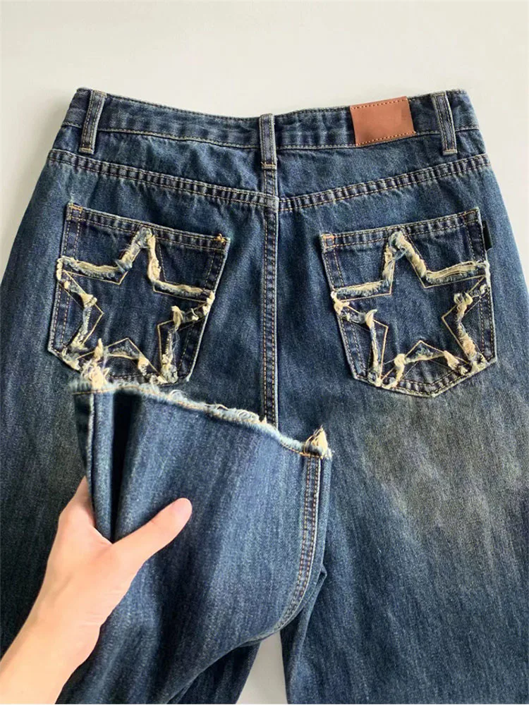 

Women's Blue Wide Leg Jeans Star Pocket Straight Pants High Waist Baggy Streetwear Casual Denim Trouser Ladies 2022 New