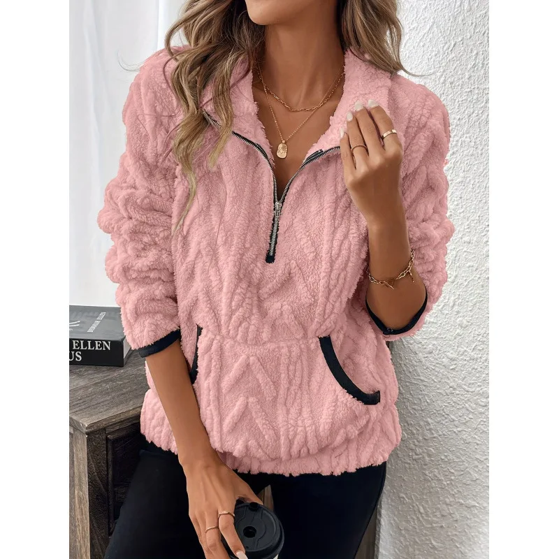 Women's Plush Fleece Half Zip Jacket Solid Color Stand Collar Fluffy Pullover Textured Long Sleeve Loose Fit Autumn Winter Top