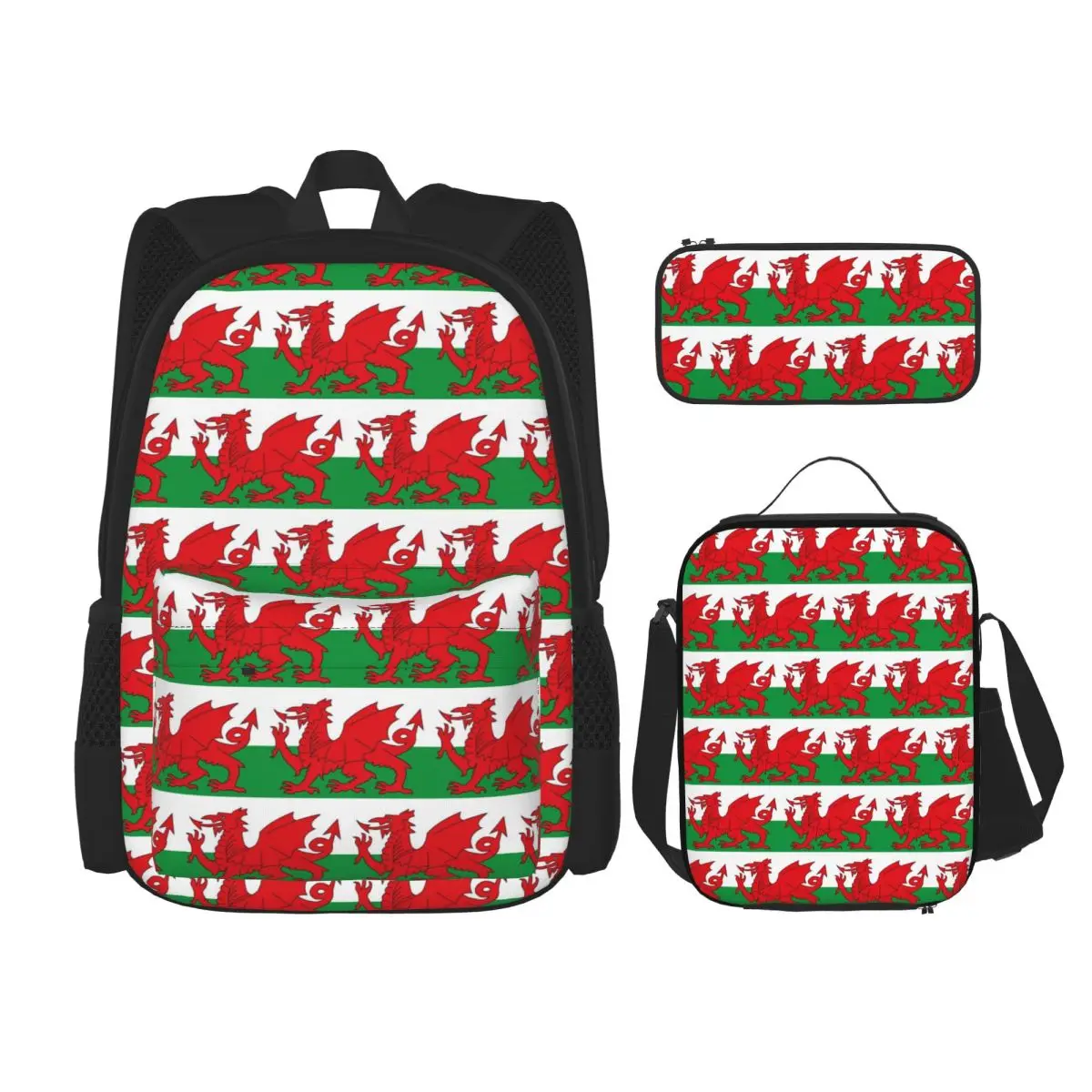 

Flag Of Wales Welsh Dragon Backpacks Kids Bookbag School Bags Rucksack Lunch Bag Pen Bag Three-Piece Set