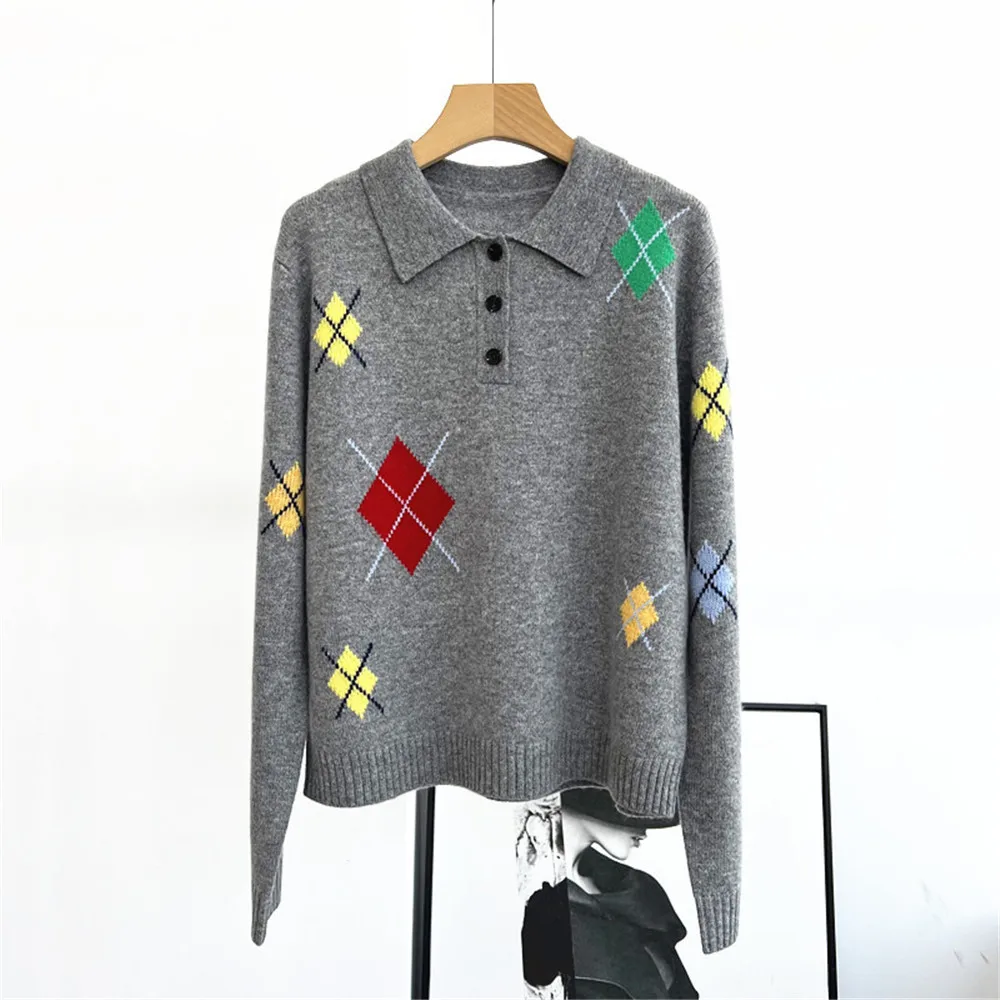 25 Autumn/Winter New Women's Sweater Diamond Check Contrast Pullover Lapel Button Long Sleeve Cashmere Knitted Top