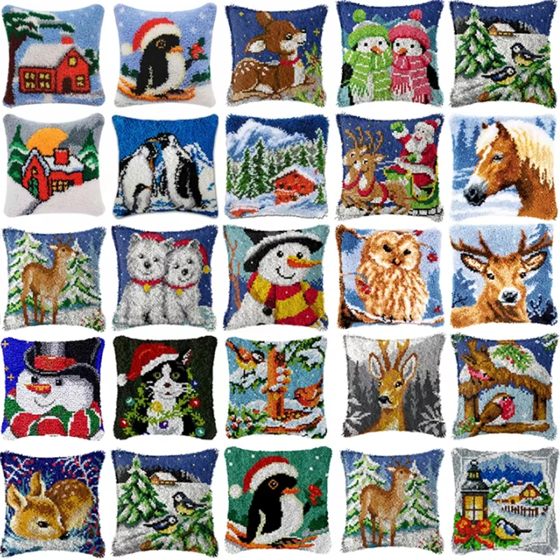 Winter Series Latch Hook Kit Mats Cushion Pillow Crafts Animal Christmas Needlework Button Package Cushion Embroidery Latch Hook