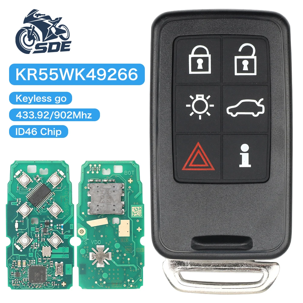 

SDE Remote Car Key 6 Buttons 7953Chip KR55WK49266 433/902MHz For VOLVO S60 S80 V40 V60 V70 XC60 XC70 2007-2016 Auto Keyless
