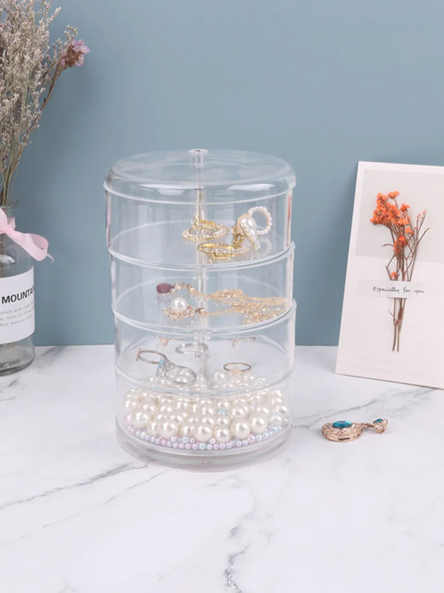 Multi-layer Transparent Rotating Jewelry Box Jewelry Earrings Hand Necklace Dust Storage Box Small Objects Round Box