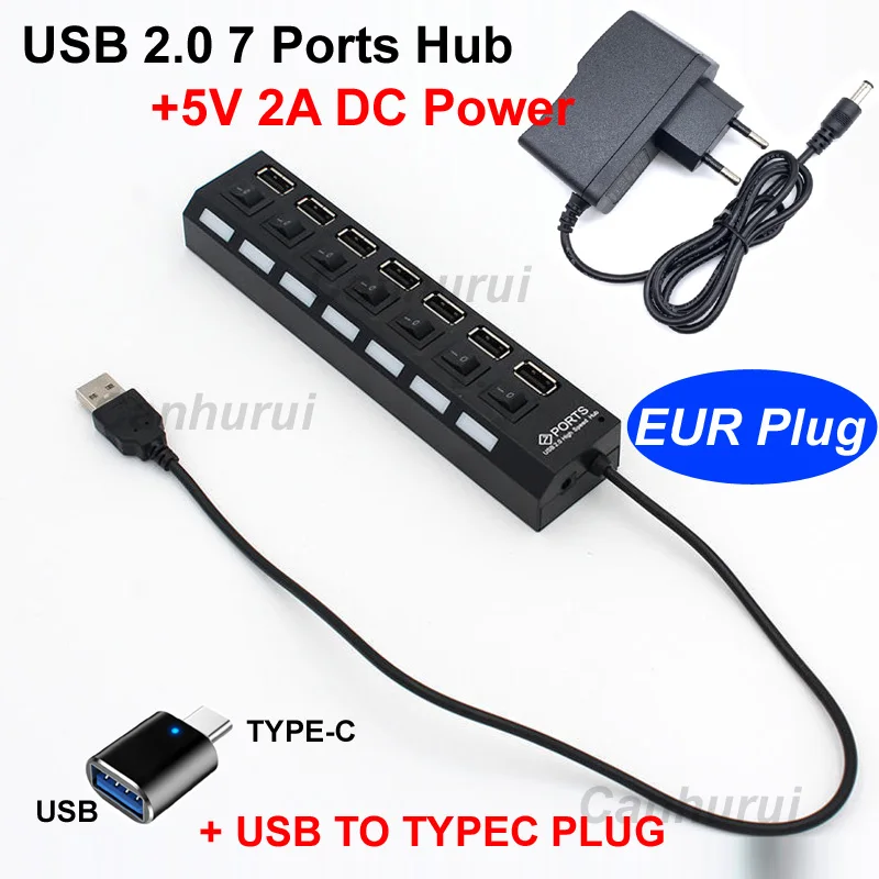 50cm 7 Ports USB 2.0 Hub TYPE-C 30/3.1 USB Splitter+5V 2A AC DC Power Adapter Switch LDE Light For PC Computer Laptop Notebook