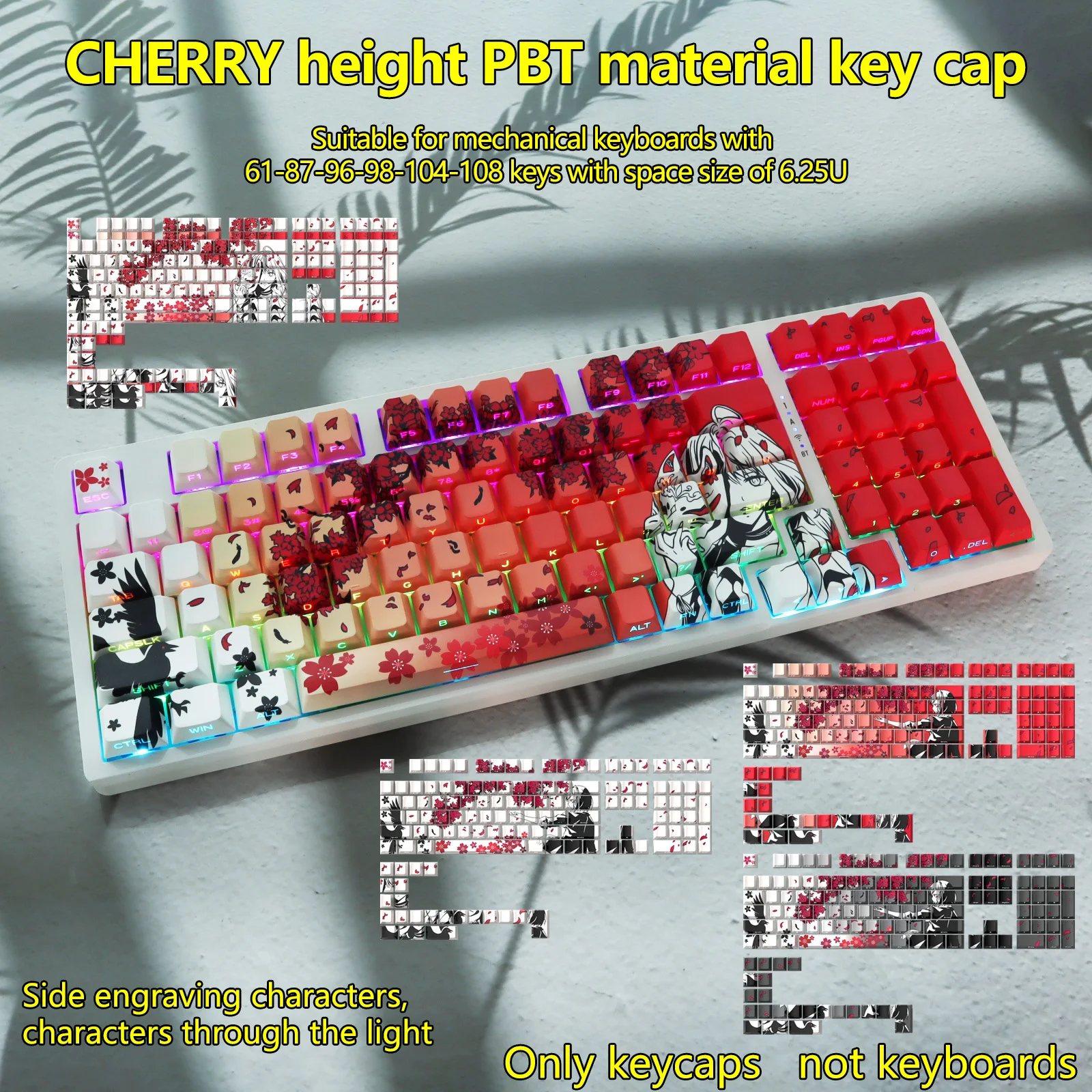 CHERRY Height PBT Keycaps - Sakura Fox Mask Design, White Red Grey Gradient, Fits 61/87/98/104/108 Mechanical Keyboards, Keycap
