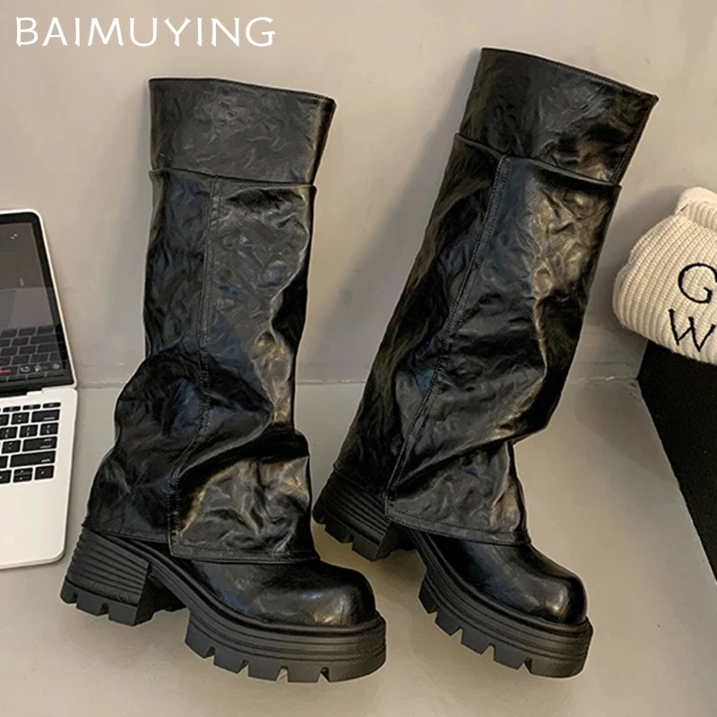 

Женские высокие сапоги, кожаная обувь на платформе и высоком каблуке, женские трендовые зимние сапоги до колена в готическом стиле, мотоциклетные сапоги, 2025