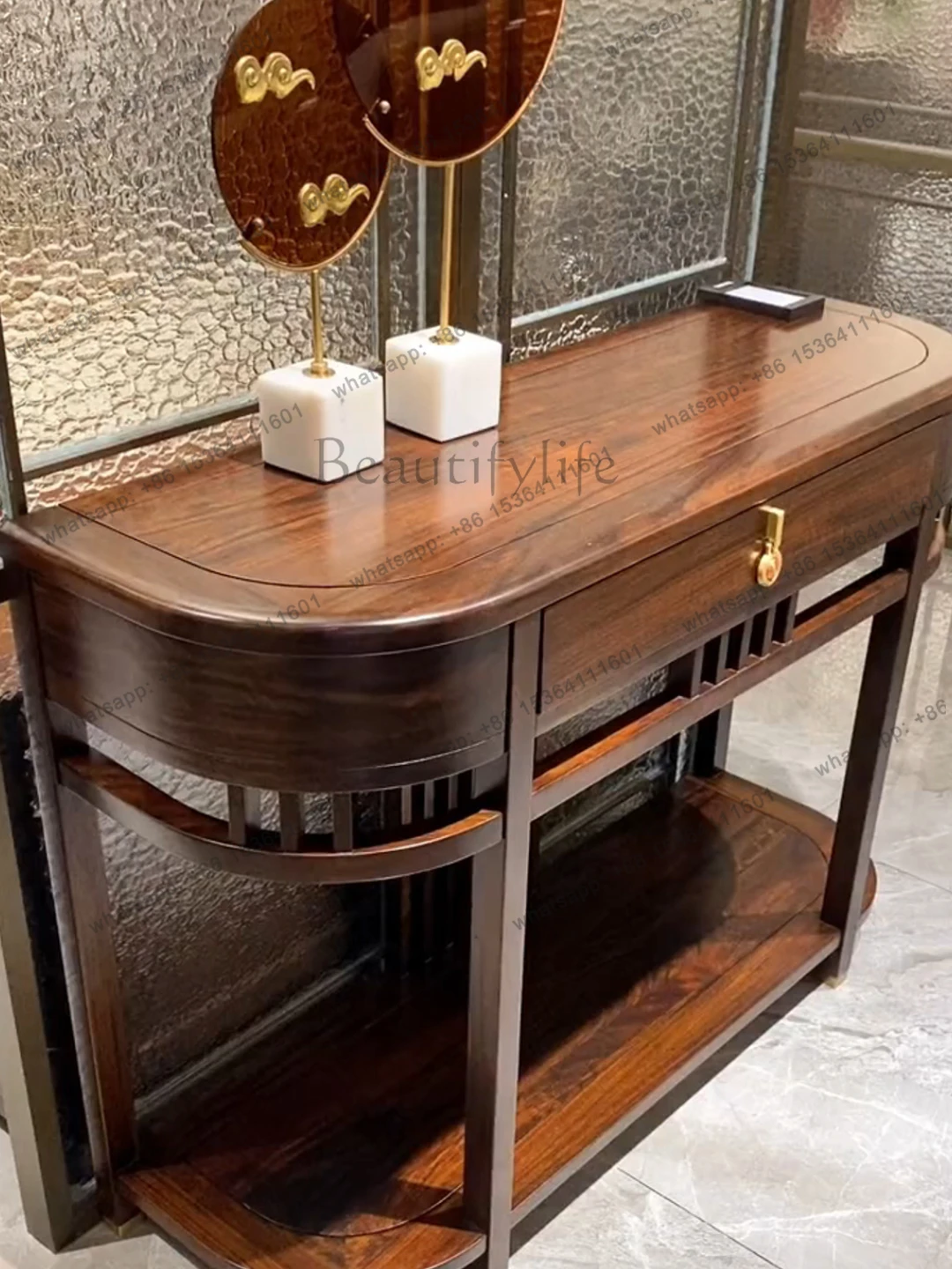 New Chinese Style Black Walnut Wood Entryway Table Storage Simple Zen Entryway Console Side Table