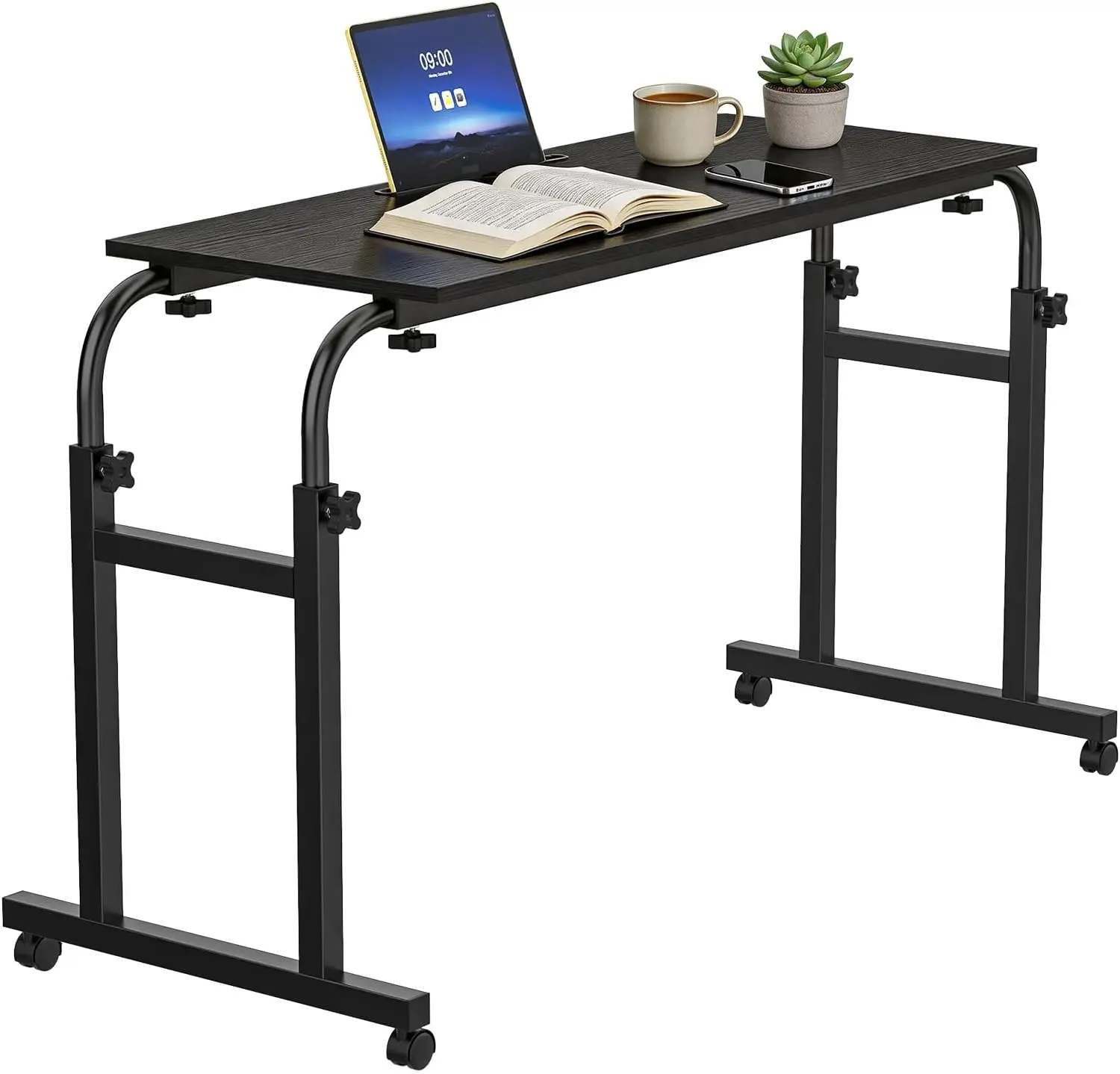 Overbed Table with Wheels, Adjustable Height and Length Bed Desk, Mobile Laptop for Bed, Recliner and Sofa, Rolling Hospital Tray Table for Adults and Seniors Black 40x80cm